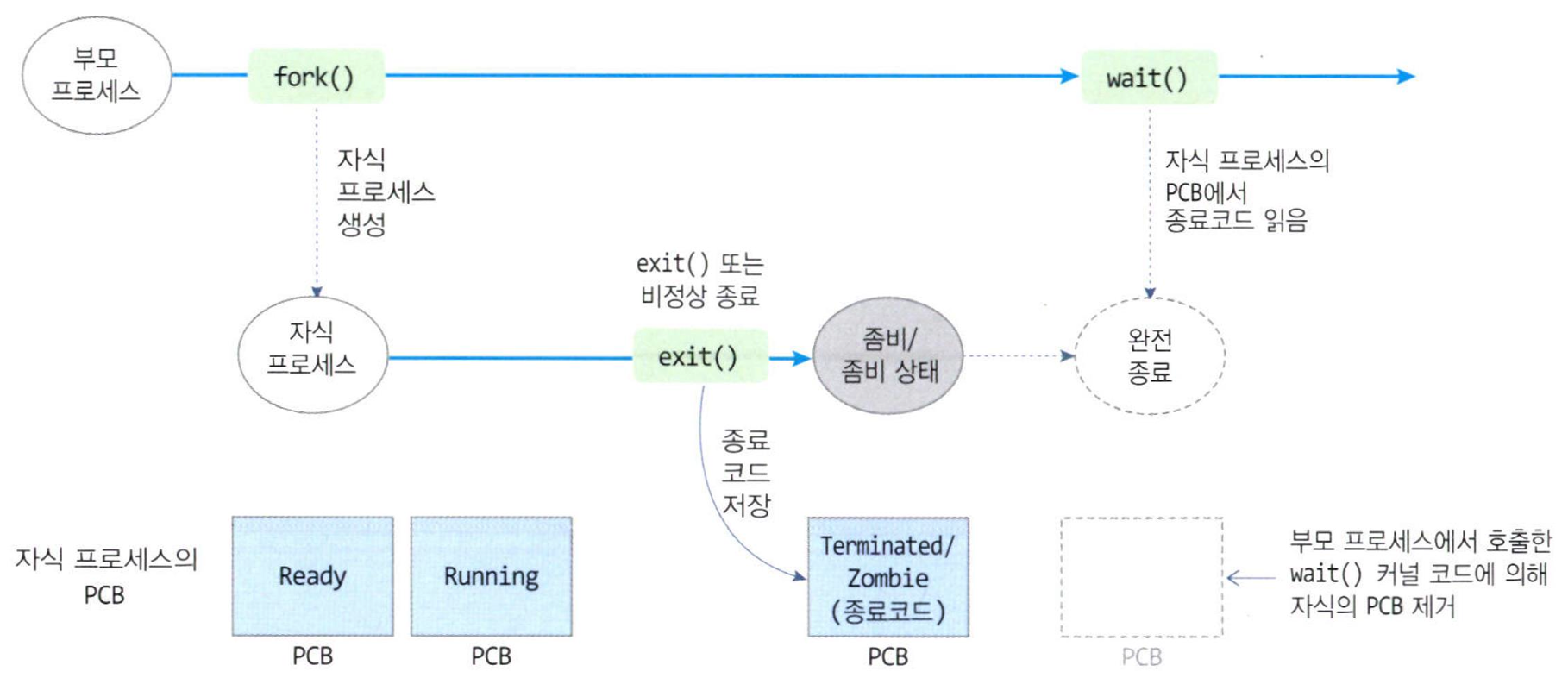 부모 프로세스에서 자식의 종료를 확인하는 wait() 시스템 호출